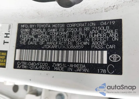 2019 Toyota Prius из США, поврежденный, VIN JTDKARFU1K3086859